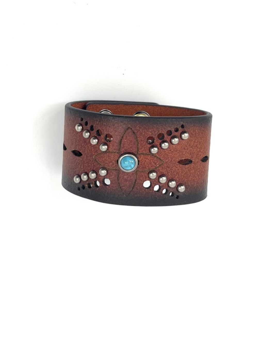 Brown Leather Wide Tooled Stud Western Bracelet NEW